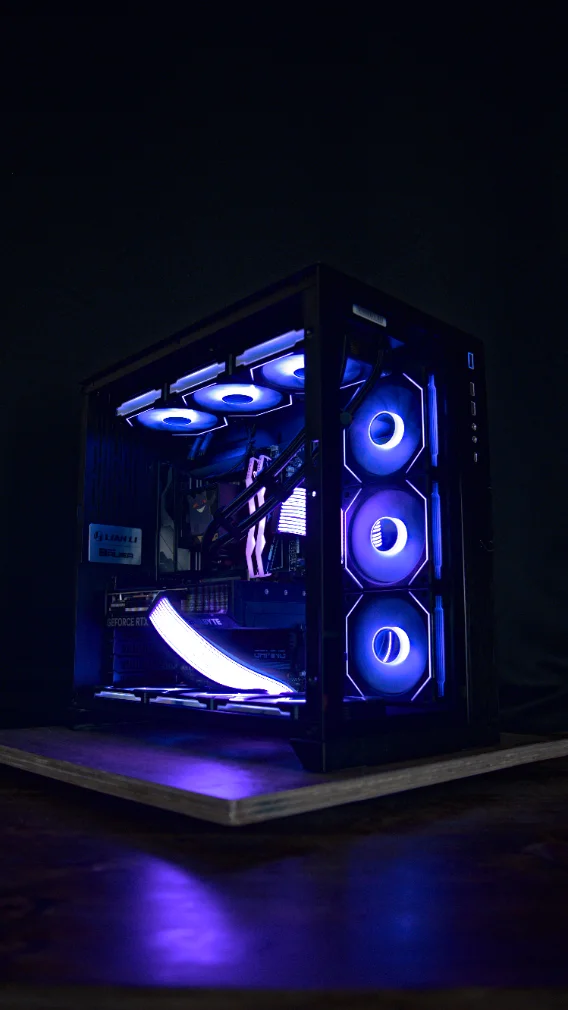A hand-built gaming PC on the bench, RGB-lit